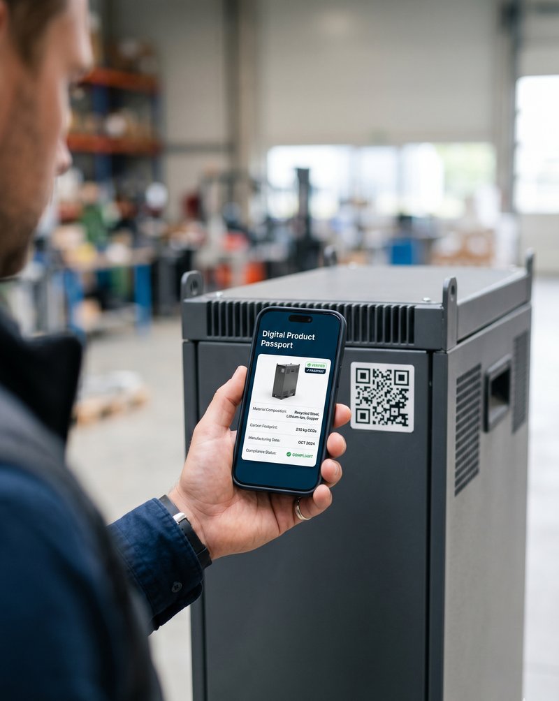 Digital Product Passport — battery QR code and datasheet on phone