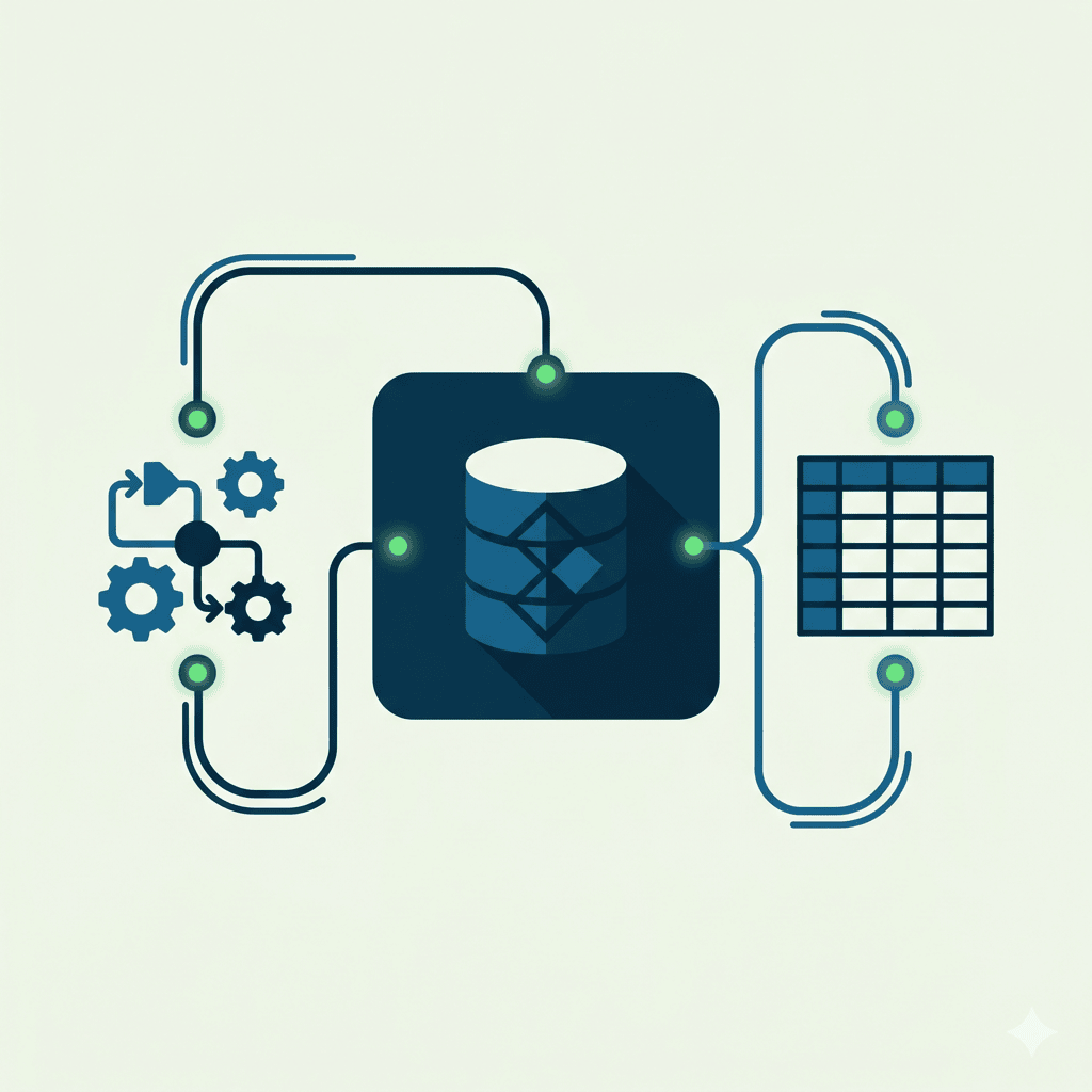 Step 01: Data Integration & Import — Detailed isometric illustration showing Connect your existing ERP/PLM systems or use our structured Excel templates for massive batch uploads. with enterprise software interface elements, in teal and navy blue color scheme, clean modern vector style