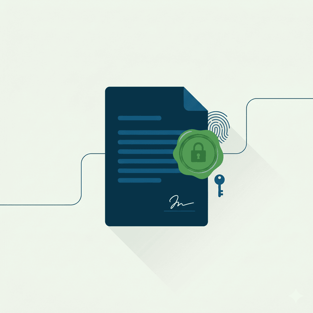 Step 03: eIDAS-compliant digital signature — Detailed isometric illustration showing Authenticate the product passport data with a digital signatures! with enterprise software interface elements, in teal and navy blue color scheme, clean modern vector style