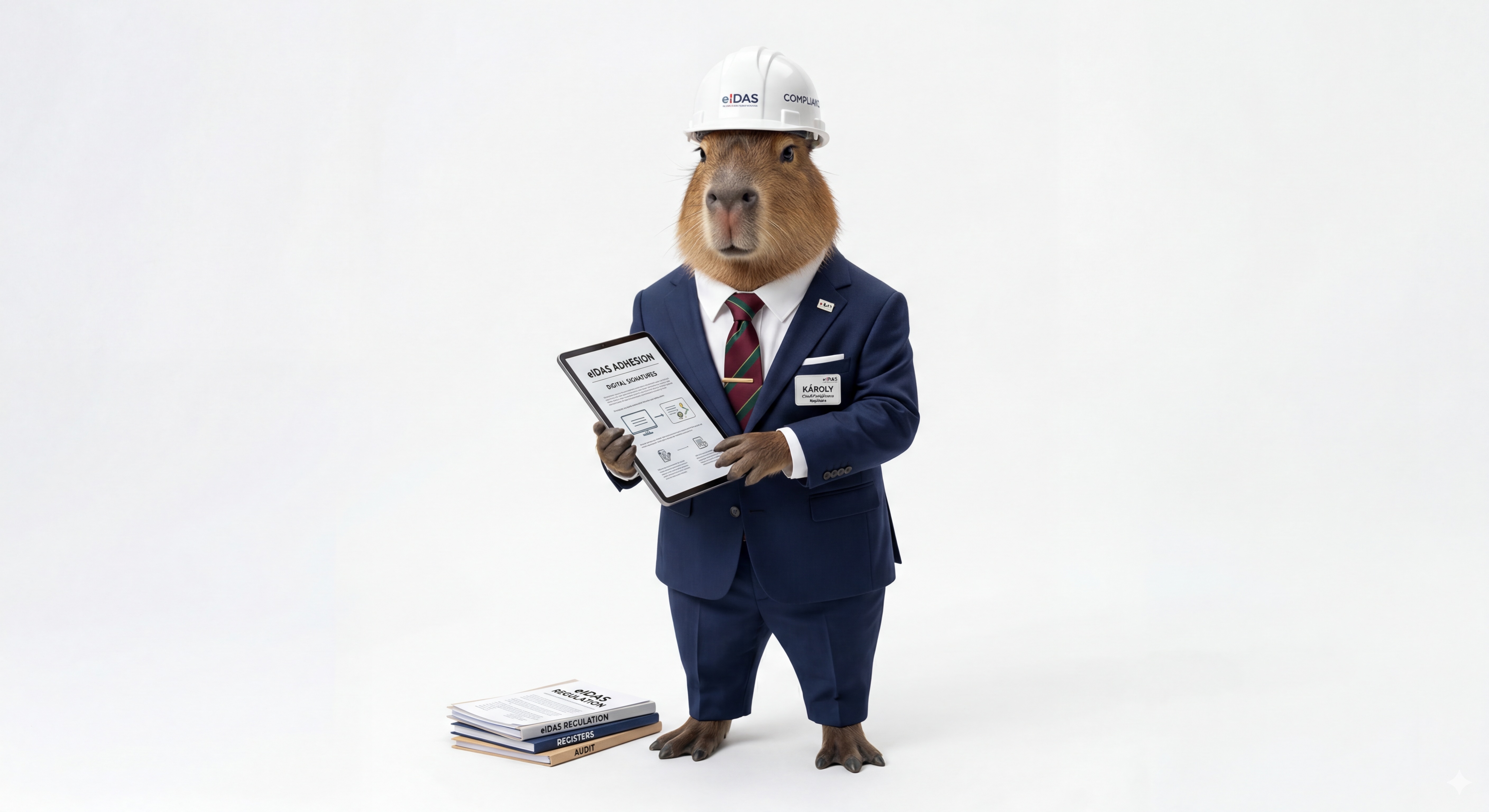 A capybara in a business suit wearing an eIDAS compliance hard hat, holding a digital signature tablet